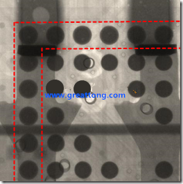 BGA錫球尺寸小于0.4mm，采用降低BGA內(nèi)圍襲球的錫膏量所得到X-Ray，稍微留意一下可以發(fā)現(xiàn)最外圈的錫量(圓的直徑)比其他內(nèi)圍的錫球上的錫量來得多一點點。也就是外圈的黑色圓形直徑比內(nèi)圈的圓形來得大一點點。