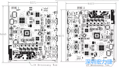 如圖7所示是使用不同數(shù)量邊條的拼板，拼板1僅使用了一個(gè)邊條，直接利用PCB另一邊作為SMT工藝傳送邊，并且PCB圖形中有合適的安裝孔；而拼板2則是按常規(guī)設(shè)計(jì)了兩個(gè)邊條。拼板方式為連接筋。圖中“Breakaway Tab”指邊條-深圳宏力捷