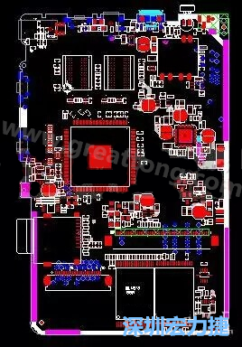 上圖是一個開發(fā)板的PCB，從布局中可以看出各個接口電路分離很明確，SDRAM和DDR以及SD卡接口電路等走線不會造成相互的干擾。-深圳宏力捷