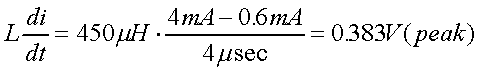 舉例來說，一個閘在"ON"而載有4mA的電流時，突然開關(guān)切到"OFF"且現(xiàn)在載有0.6mA的電流，假設(shè)開關(guān)時間為4msec，載有450mH的電感信號的導(dǎo)體，此時所產(chǎn)生的電壓突波為