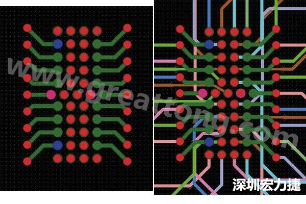 圖7：焊盤內(nèi)過孔用于內(nèi)部，而外部接腳在0.5mm閘格上扇出。圖7a顯示的是頂層(左)；圖7b顯示頂層和內(nèi)部布線層(右)。