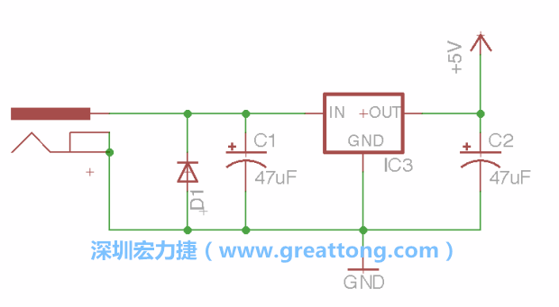 新增RBBB→Power_Jack，將它放在電壓調(diào)整器的輸入端旁邊。