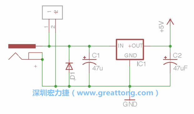2.5.    新增一個(gè)二極體，它會(huì)以水平的狀態(tài)出現(xiàn)在屏幕上，請(qǐng)使用「旋轉(zhuǎn)（Rotate）」工具把它負(fù)極那一面朝上，并且用「網(wǎng)絡(luò)連接」工具將它連接在電壓調(diào)整器的輸入端和接地端之間。