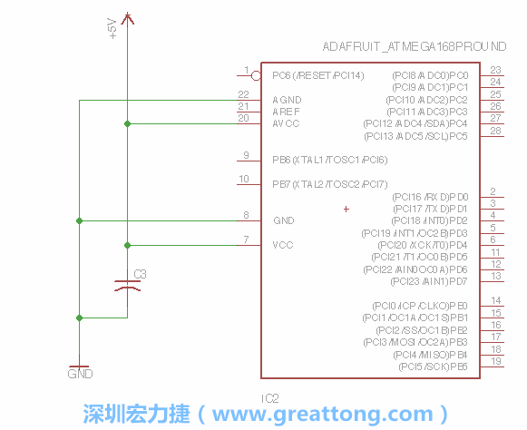 3.1.    新增微控制器晶片（RBBB → ATmega），把它放在電路原理圖的中央附近，把它的兩個(gè)接地接頭連接到接地訊號(hào)端。