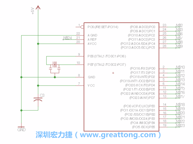 3.3.    將共鳴器（resonator）放置在針腳9和針腳10附近，將它的三個(gè)針腳連接如圖所示，并確認(rèn)最中間的針腳有連到接地端。