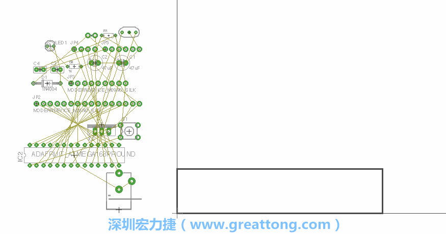 第一次執(zhí)行布線編輯器時，你會發(fā)現(xiàn)有兩個區(qū)塊，左邊的區(qū)塊非?；靵y，而右邊的區(qū)塊則是一個長方形的工作區(qū)域，EAGLE免費版會限制你的工作區(qū)域在4” x 3.2”的范圍內(nèi)，如果你試圖將元件擺放在工作區(qū)外的話，就會跳出警示訊息。