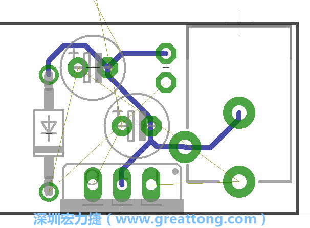 當(dāng)你在擺放元件時，要注意元件間的連結(jié)關(guān)系使用「旋轉(zhuǎn)（Rotate）」工具來讓連結(jié)點更接近、更容易布線。舉例來說，我們可以將這邊的二極體轉(zhuǎn)一個方向來縮短和47μF電容間的連結(jié)距離。