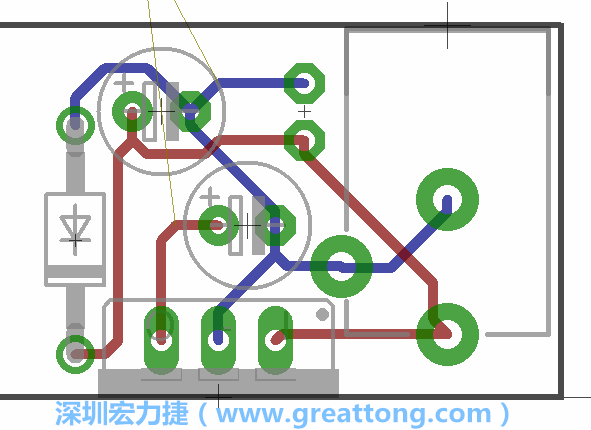 接地連結(jié)點的布線情形如下圖所示，利用這個練習(xí)來避免電路連線銳角化的產(chǎn)生是一個不錯的選擇，你可以在工具列中的彎曲線路（Wire Bend）選項里改變各種布線的變化。