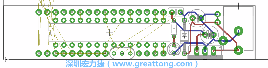 將ATmega微控制器、三個GPIO排針（JP2, JP3, JP4）和諧振器（resonator）排置如上圖所示。