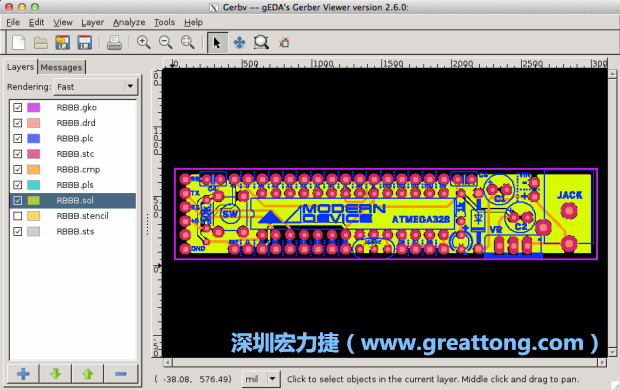 將圖層匯入你的Gerber預(yù)覽工具內(nèi)（下圖為Gerbv），我通常會從上到下重新排列它們的順序，好讓我比較好校對：