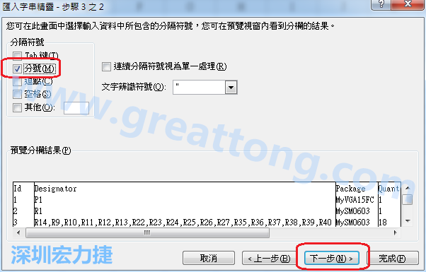 新增一個新的Excel文檔，[資料]匯入[從文字檔]，然后選擇剛產(chǎn)生的BOM (.csv)檔案，并以"分號"作為分隔符號。