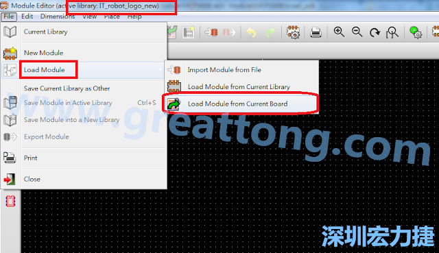 進(jìn)入Module Editor去載入其他Footprint(Module)進(jìn)來(lái)， 從目前的Active library (不過(guò)要先選取一個(gè)Current library ) 載入Module 或從目前正在編輯的PCB載入Module。