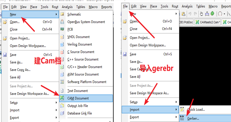 在File下新建 Cam檔，建后再File下導(dǎo)入Gerber文件，選擇所有文件導(dǎo)入gerber。